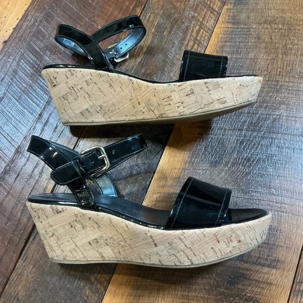 Stuart Weitzman Black Patent Leather Cork Wedge Sandals | size 7